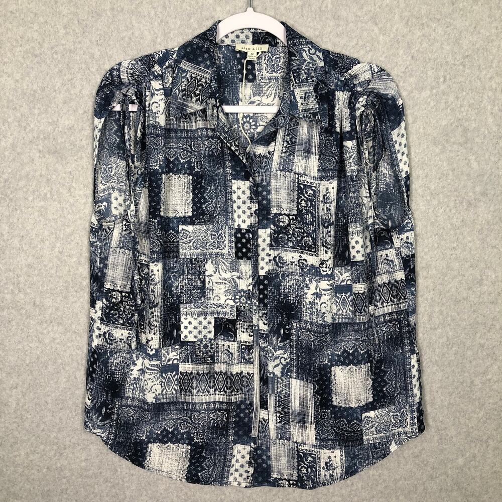 Alex Lili Shirt Women Medium Blue Button‎ Handkerchief Bandana Ruched Sleeveless